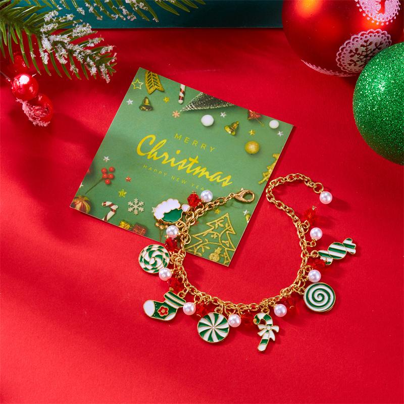 Creative Christmas Elk Bell Zircon Bracelet for Women Cute Santa Claus Tree Candy Cane Stocking Multi Pendant Chain Zircon Gift