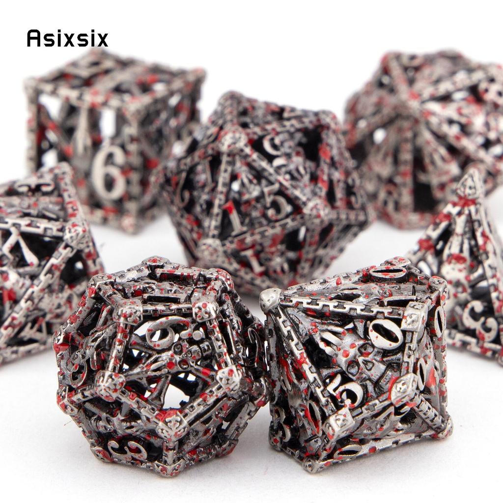 7 st Silver Röd Hand Dödskalle Huvud Metall Tärningar Ihåliga Metall Polyedriska Tärningsset Lämpligt för Rollspel RPG Brädspel Kortspel