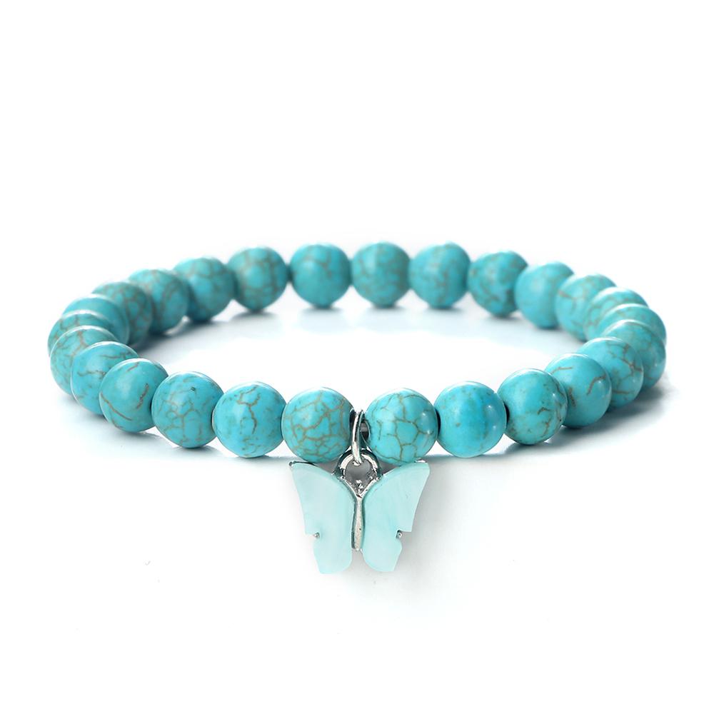 

8mm Natural Agate Stone Elastic Bracelet for Men Women Chalcedony Cat Eye Beads Bangle with Acrylic Butterfly Charm Jewelry Gift светло-синий