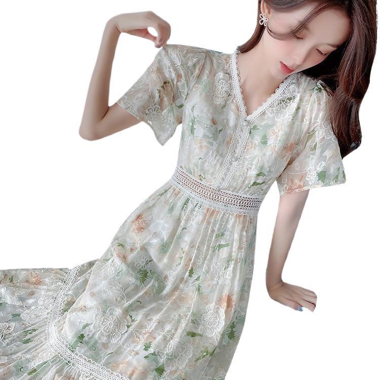 2025 New Floral Chiffon Summer Dress: Waist-Cinched, Slimming, Long Skirt Style for Vacations