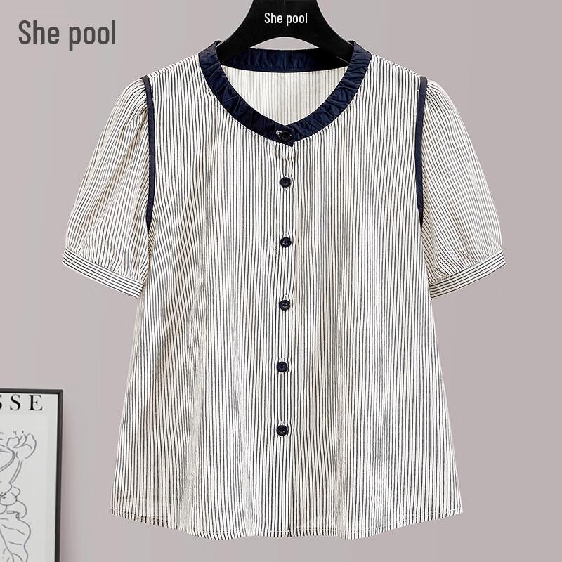 Women s Casual Striped Puff Sleeve Short Sleeve Shirt S