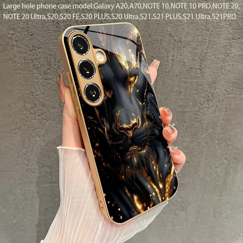 Black Gold Lion Pattern 2D Phone Case for Samsung S26 S25 S24 S23 S22 S21 S20 A56 - Golden Metal Paint Glass Protective Cover