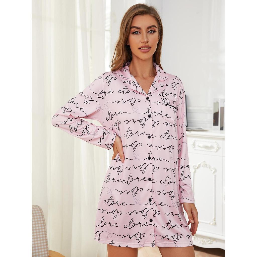 Langer Schlafanzug für Damen, Frühling und Herbst, langärmeliges Hemdkleid, Nachthemden