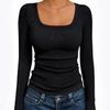 Women‘s Ribbed Square Neck Top, Long Sleeve Slim Fit Basic Shirt for Fall Winter Spring, Casual Crop Tee