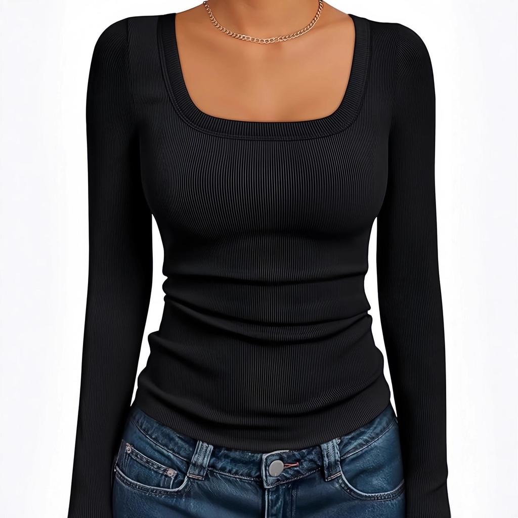 Women‘s Ribbed Square Neck Top, Long Sleeve Slim Fit Basic Shirt for Fall Winter Spring, Casual Crop Tee