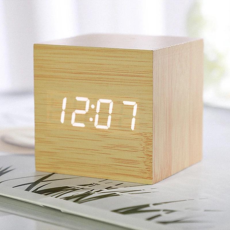 Wooden Square LED Smart Alarm Clocks for Bedrooms Digital Bedside Clock with Temperature Voice Control Desktop Clock