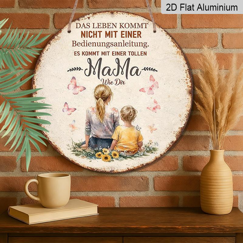 2D Flat, 1pc Round Aluminum Hanging Sign - German "Mama" Quote Watercolor Mom & Child Vintage Metal Wall Art, Butterfly Sunflower Design, Perfect for
