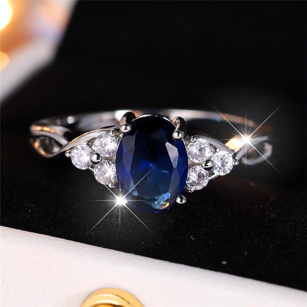 Luxury Female Blue Zircon Stone Oval Finger Ring Vintage Silver Color Wedding Band Bridal Jewelry For Women