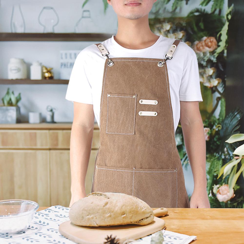 Waterproof Thick Canvas Apron Working Clothes for Kitchen Milk Tea Shop Restaurant Light Tan