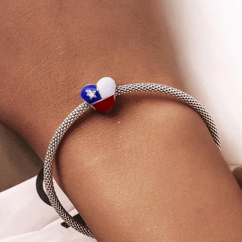 WOSTU 925 Sterling Silver Heart-shaped Chilean Flag Charm Bead Pendant Fit Original 3mm Bracelet Women Jewelry