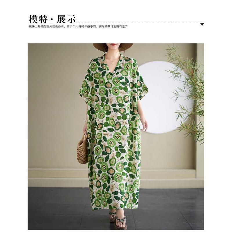 2025 Summer Floral Vacation Style Travel V-Neck Vintage Long Flesh Covering Dresses