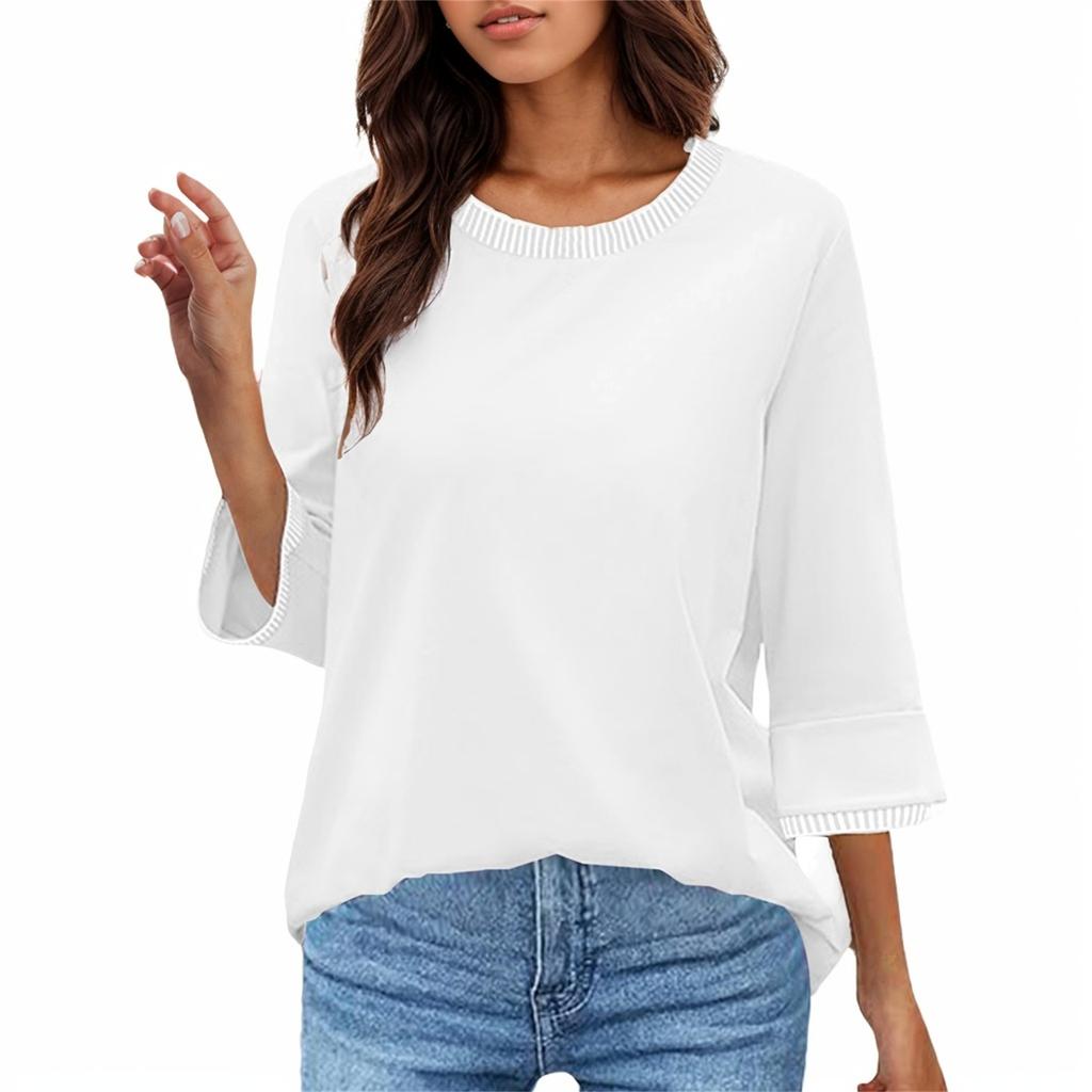 Women's Fashion Casual Threaded Round Neck Seven Points Flare Sleeve T-Shirt Top
