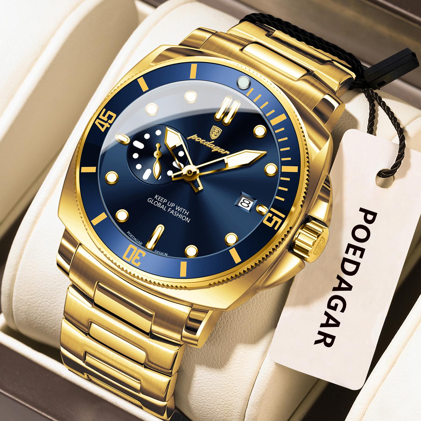 

POEDAGAR Original Luxury Men s Watches Luminous Waterproof Date Business Watch Men Stainless Steel Fashion Quartz Man Wristwatch синій/золотистий