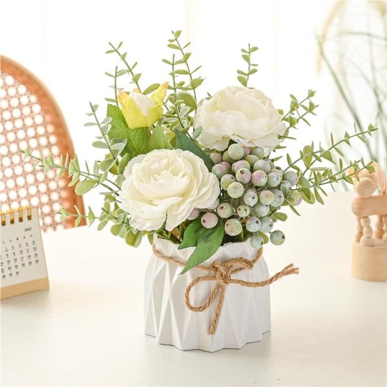 Small Artificial Potted Flower Arrangement – Fake Green Plant for Living Room Décor