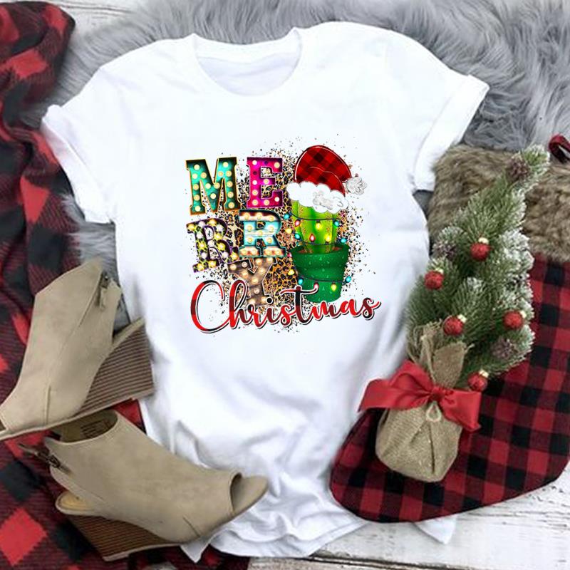 

(Азиатский размер) Футболка Фестиваль кактуса с Рождеством, Новым годом и праздником, повседневная модная женская футболка с принтом, женская футболка с рисунком