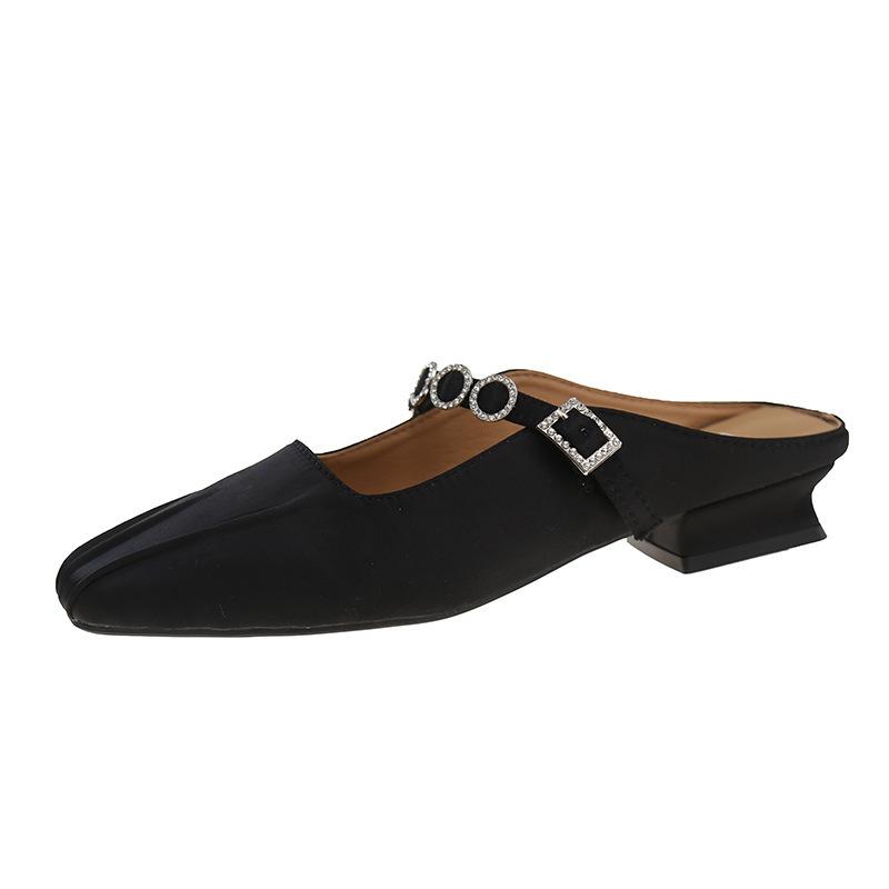 

Толстый каблук темперамент атласные полутапочки сумка головка женская обувь носить 2025 весна и лето стразы Мэри Джейн одиночные туфли 40 чёрный