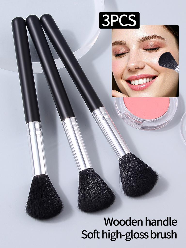 1pcs/3pcs Black Wooden Handle Fiber Blush Brush Beginner Makeup Brush Contour Brush Highlight Brush Multifunctional Makeup Tool