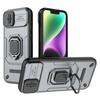 For iPhone 15 PC+TPU Impact-Resistant Phone Case Slide Lens Protection Kickstand Cover