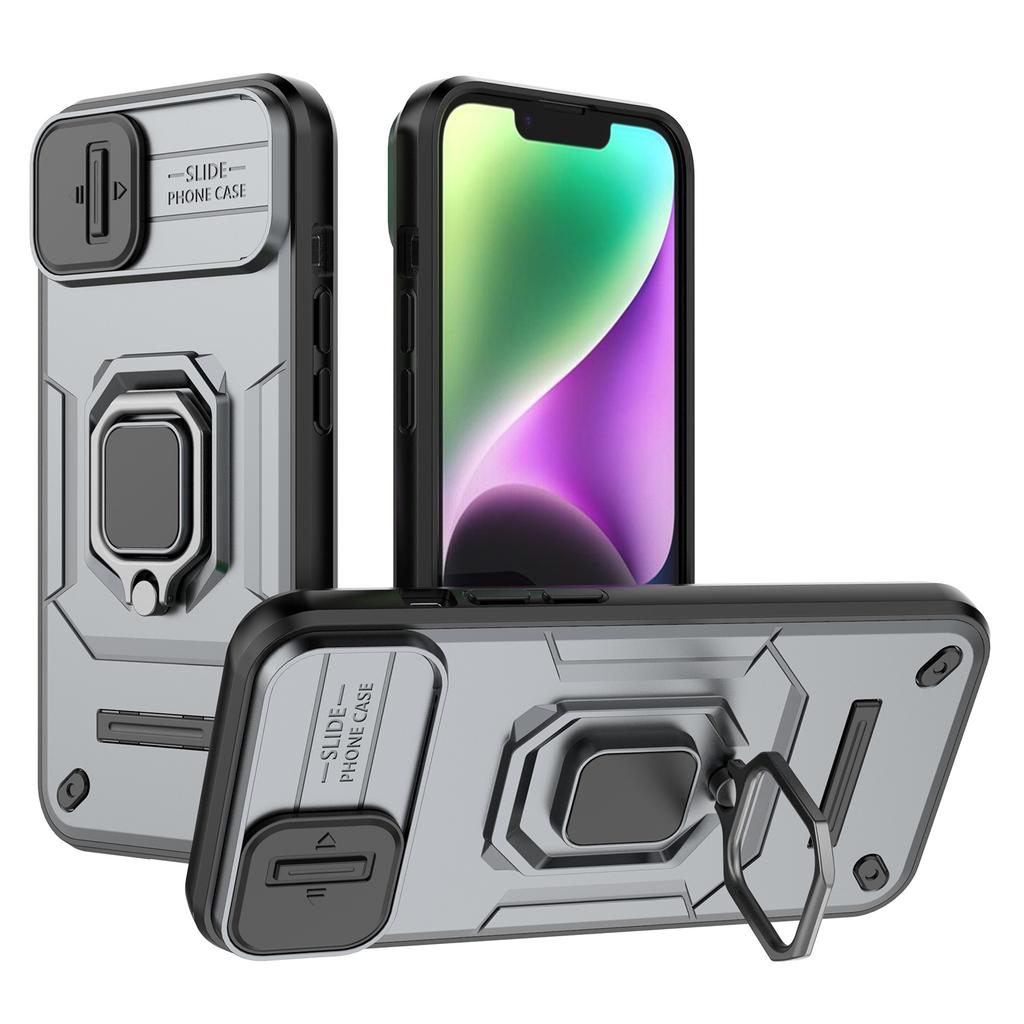 For iPhone 15 PC+TPU Impact-Resistant Phone Case Slide Lens Protection Kickstand Cover