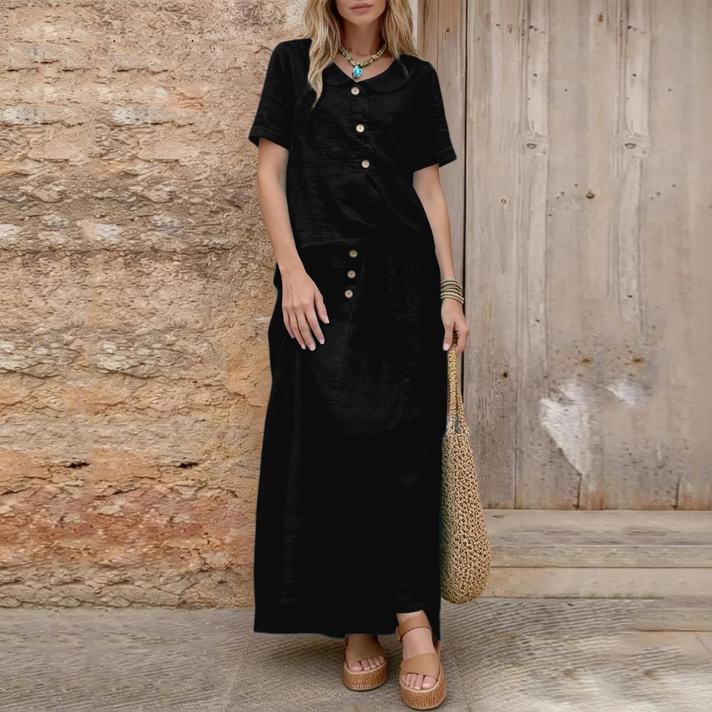 Dámský módní volný dvoudílný ležérní set z bavlněno-lněné směsi: top a sukně