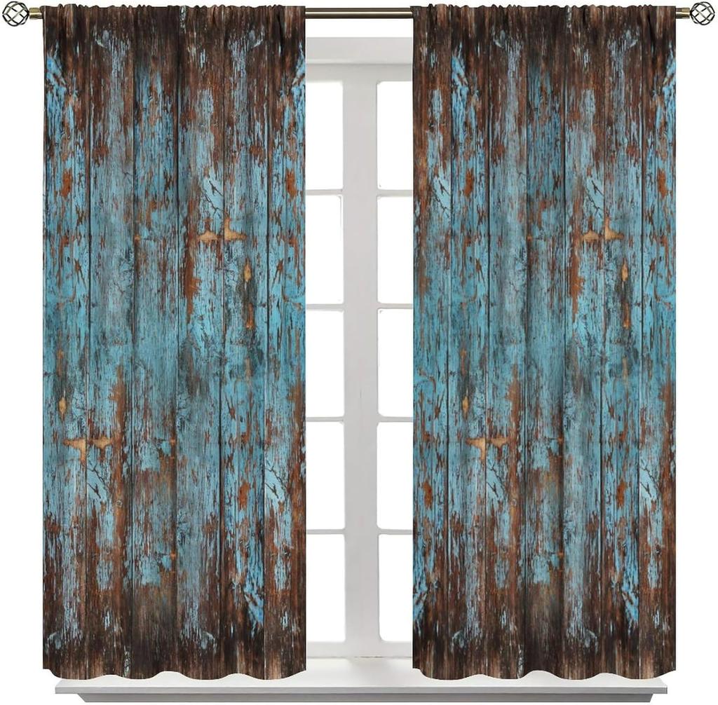 Retro Holz Verdunklungsvorhänge Rustikal Farmhaus Vintage Braun Blau Plankenstruktur Drucke Verdunklung Stangentasche Fensterdekorationen D