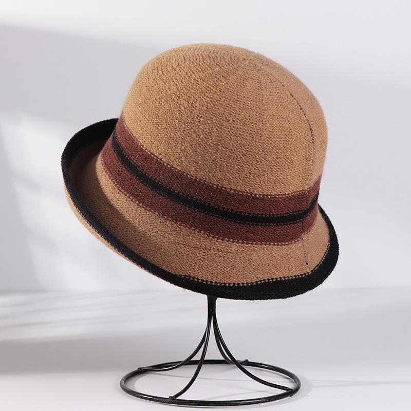 Season Hat Damen Gestrickter, gekräuselter Jazz-Zylinder, Outdoor-Spiel, britischer Stil, explosionsartig gestreift, farblich passender Beckenhut, Flut