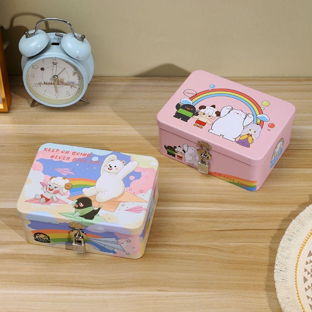 Vintage Tinplate Box Cartoon Print Empty Box High Quality Desktop Storage Case Household