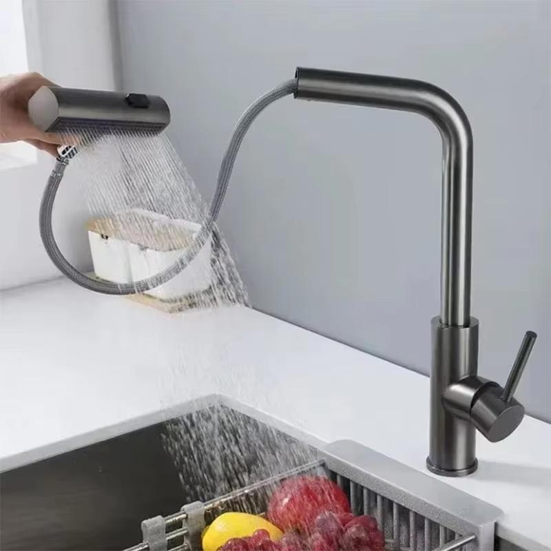 Gunmetal Grey 3 Mode Pull Out Kitchen Faucet with Waterfall Sprayer Single Hole Deck Mount Hot and Cold Water Mixing Faucet.