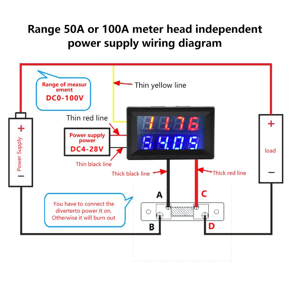 DC100V/200V 50A/100A Digitales Voltmeter Amperemeter 4 Stellen 0,28" Dual-LED Ampere Volt Spannung Strom Messgerät Detektor Tester mit Shunts