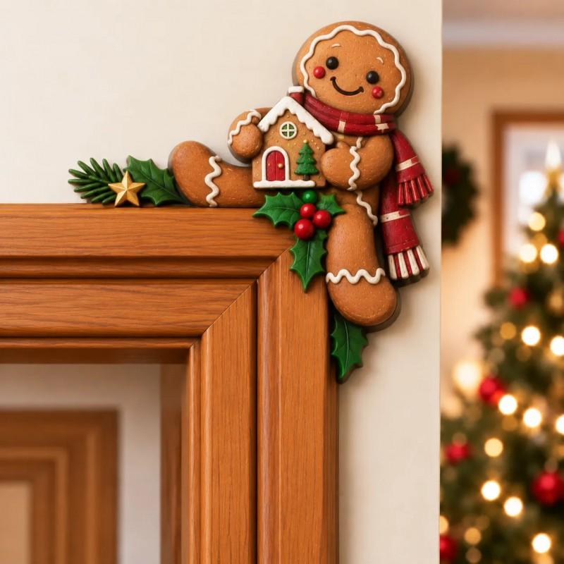 Wooden Christmas Door Frame Corner Decor Set - Gingerbread Man Design Rustic Home Holiday Ornament Indoor Wall Hanging