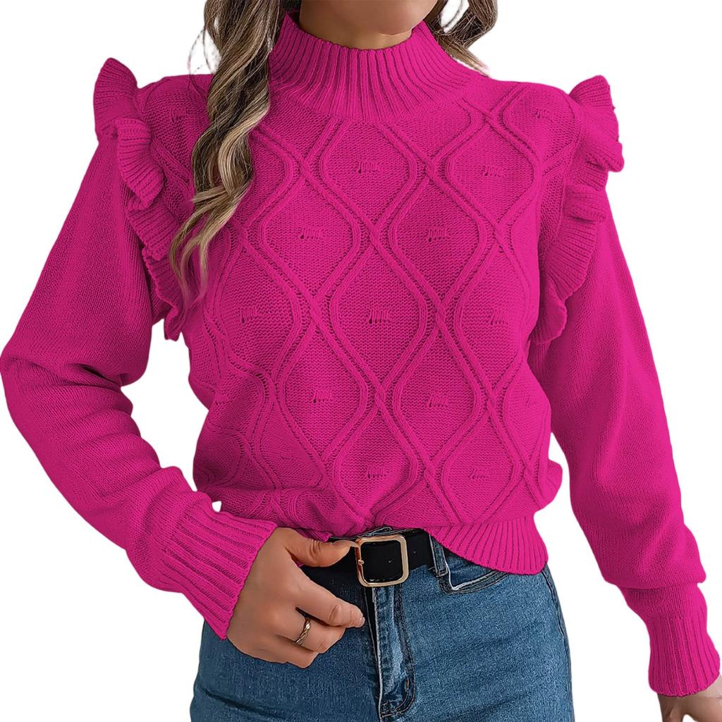 Women's Solid Color Fungus Edge Long Sleeve Stand-up Collar Pullover Sweater