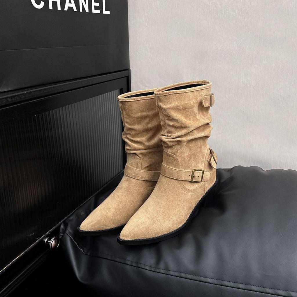 Sheepskin Version~ Pointed Thick Heel White Short Boots Women's 2025 New British Style Belt Buckle Thick Heel Temperament Martin Boots