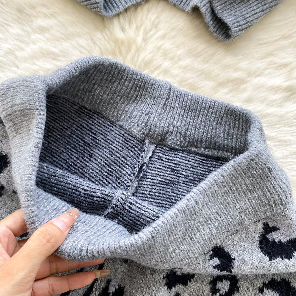 Automne Hiver Femmes Décontracté Imprimé Léopard Tricoté Pull Pantalon Ensemble Deux Pièces Manches Longues Hauts Pull et Short Taille Élastique Survêtement