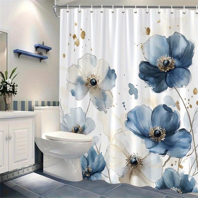 1 Elegant Floral Shower Curtain - Navy And White Floral Pattern With Gold Speckles, Machine Washable Polyester For Bathroom