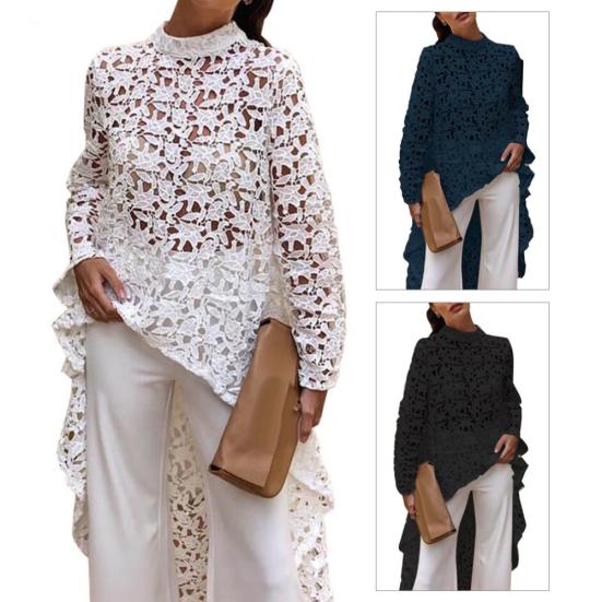 Frühling Herbst Mode Frauen Einfarbig Aushöhlen Spitze Bluse High Low Top