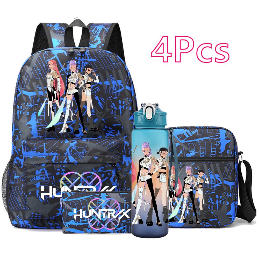 

4Pcs/set Cartoon K-pop Printed Backpack Large Capacity Bookbag Shoulder Bag Case bag with 750ml Water Bottler Boy Girl School Bag Kid Gift Rucksak
