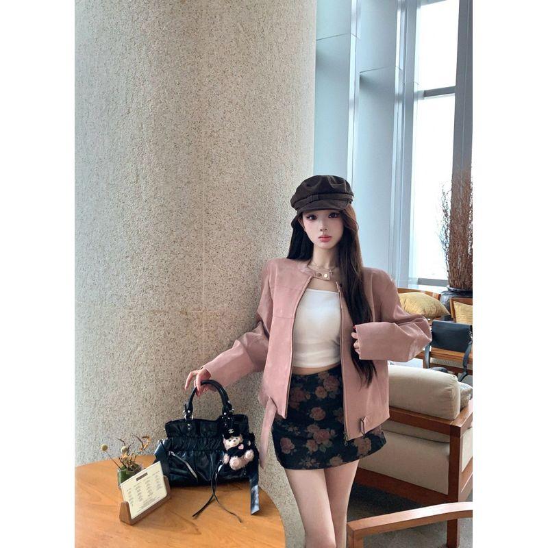 

Kumikumi Чувство дизайна Розовый Кожаное пальто с длинным рукавом на молнии Верхняя одежда Женщины Осень Приталенная Юбка Юбка из двух частей Flower Skirt L