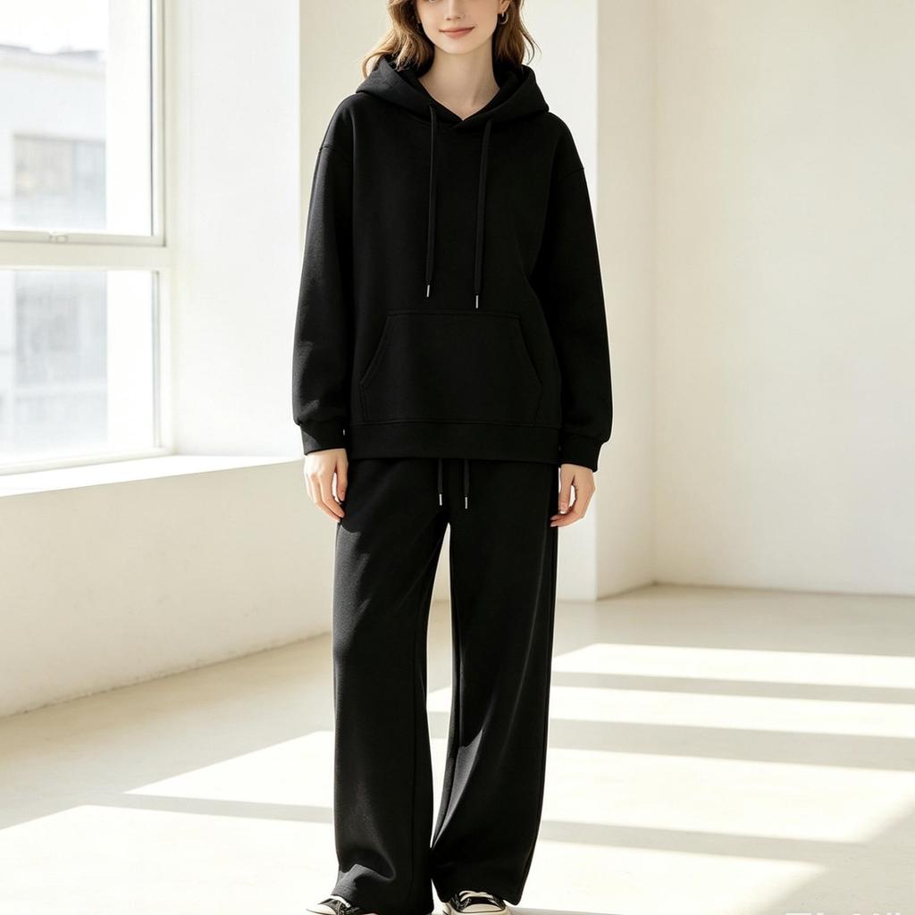 Women's Heavyweight Autumn/Winter Drop Shoulder Hoodie & Flat Hem Sweatpants Set - Trendy Loose Pullover Fashion.