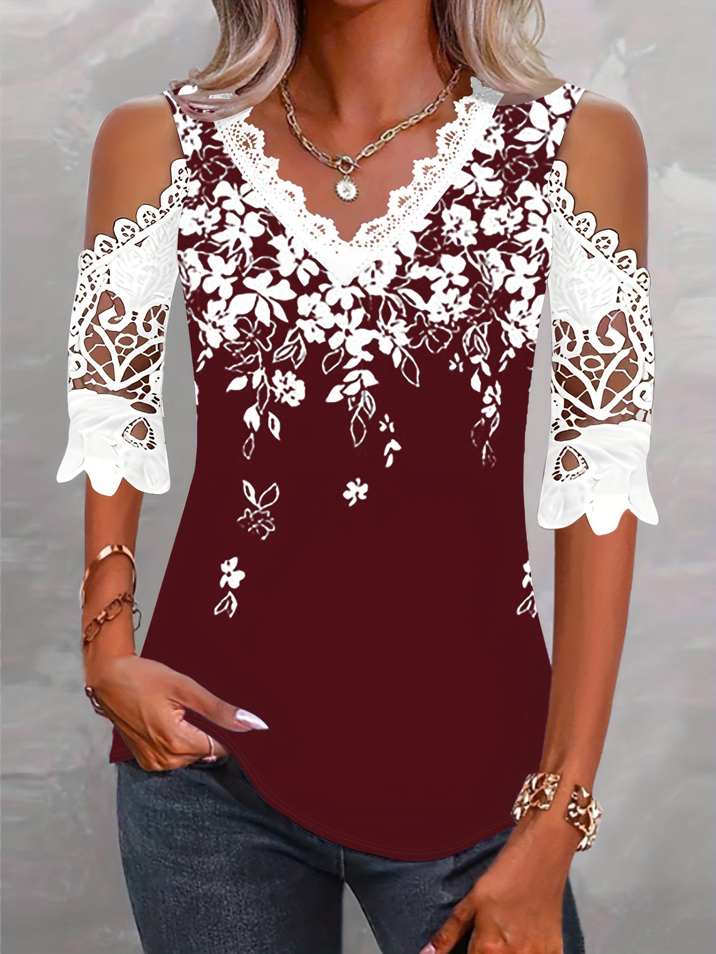 

Women s Black Off-Shoulder V-Neck Top with Lace Trim and Floral Print XXL