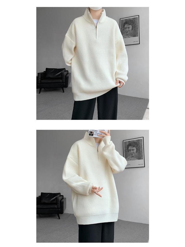 Men's Plus Size Casual Loose Knit Half-Zip High-Neck Pullover Sweater for Autumn and Winter