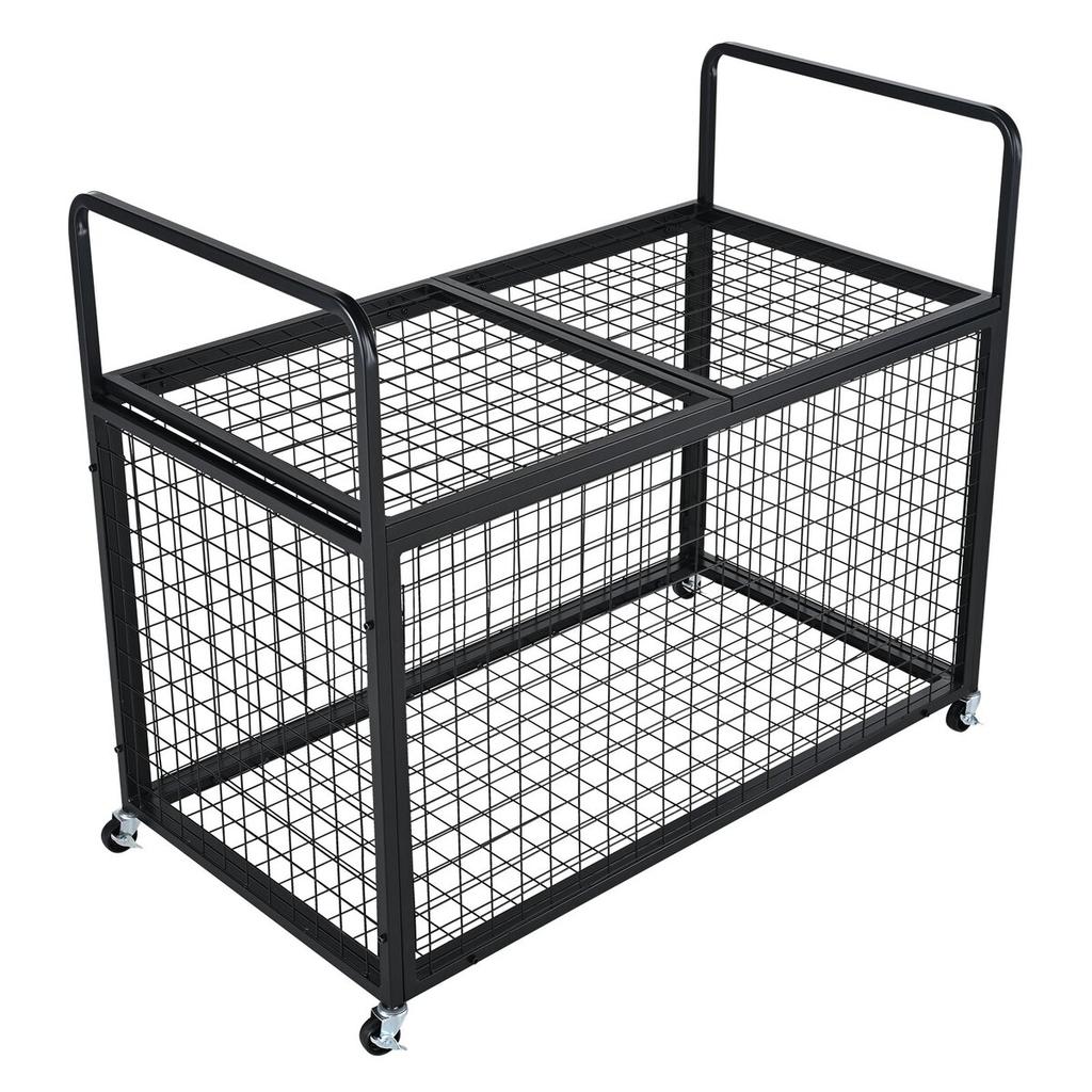 Rolling Sports Ball Storage Cart, Lockable Basketball Cage with Double Lids, Sport Equipment Holder Organizer for Indoor Outdoor, Steel Storage Rack