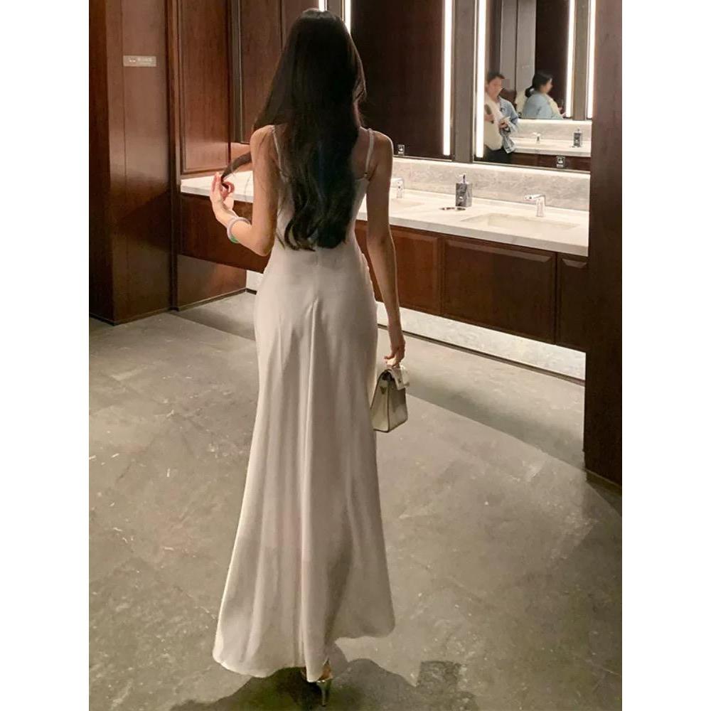 French Heavy Industry Lace Splicing Fishbone Suspender Women's Beautiful Waist Skinny Dress Long Skirt Dress Women's Summer