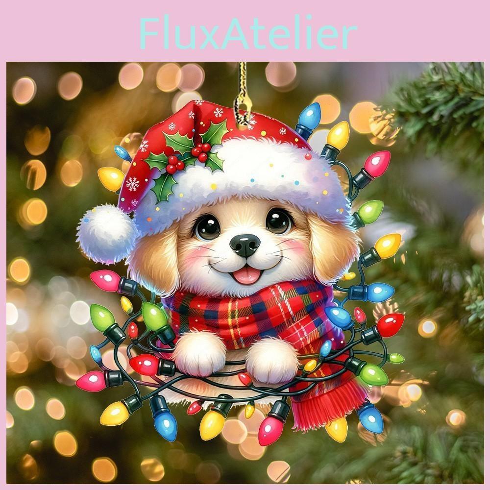 Christmas Acrylic Flat Surface Pendant With Cute Puppy Checkered Design Scarf