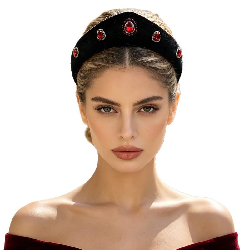 Vintage Velvet Red Rhinestone Wide Headband Crown Hair Accessory Halloween Gothic Bride Costume