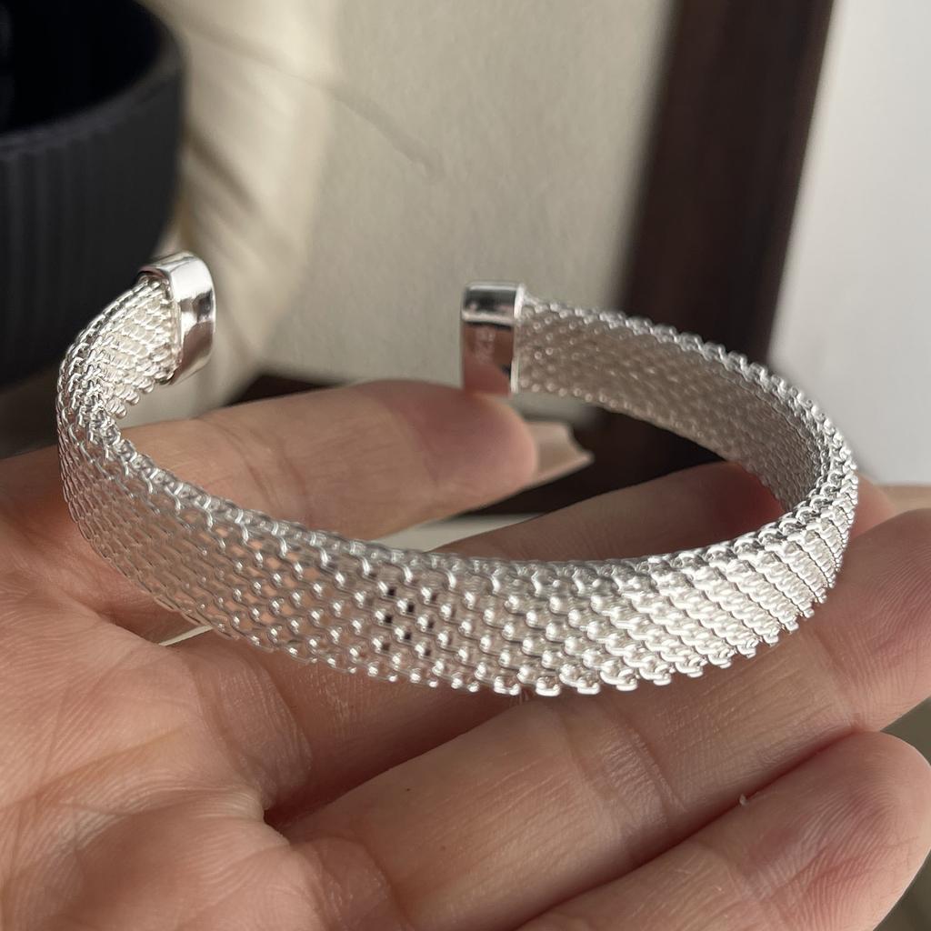 Bracciale Retrò 100% Argento Sterling 925 per Donne Uomini Vintage Fatto a Mano Forma a Rete Bracciale Semplice Regalo di Compleanno