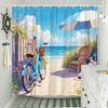 Serene Beachside Shower Curtain - Blue Bicycle, Wildflowers, Wooden Fence, Beach Umbrella, Ocean Waves, Clear Sky, Polyester