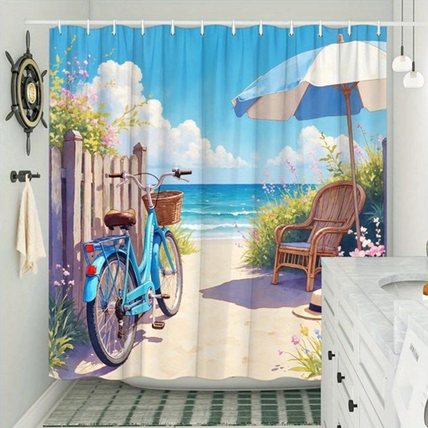 Serene Beachside Shower Curtain - Blue Bicycle, Wildflowers, Wooden Fence, Beach Umbrella, Ocean Waves, Clear Sky, Polyester