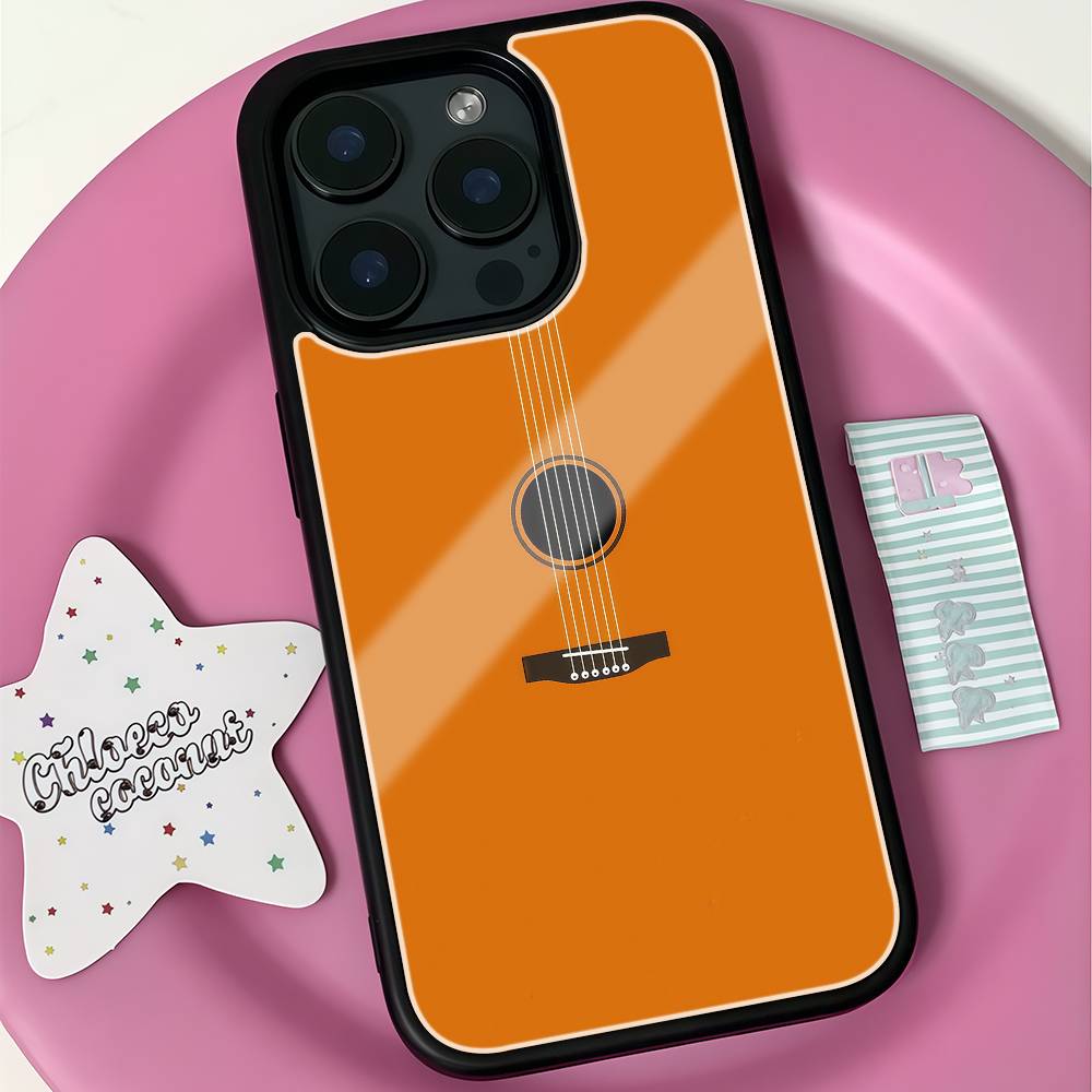 Orange Guitar Minimalist Phone Case Black Hard Plastic Phone Case For Iphone 17 Air 16 15 14 13 12 11 Pro Max PC TPU Ins Case