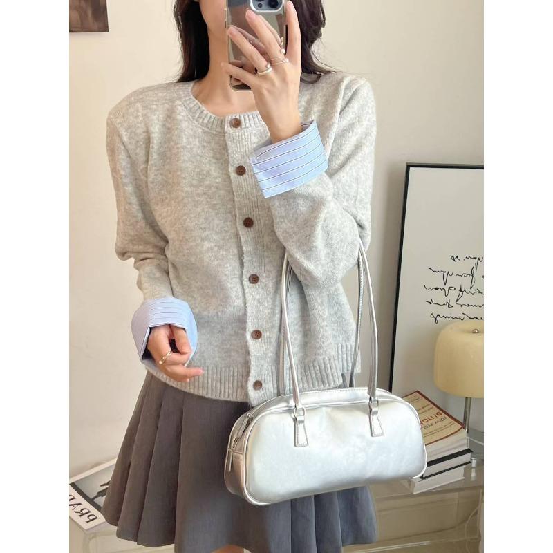 Autumn and Winter New Splicing Shirt Sleeves Knitted Cardigan Women's Loose Round Neck Versatile Temperament Sweater Jacket