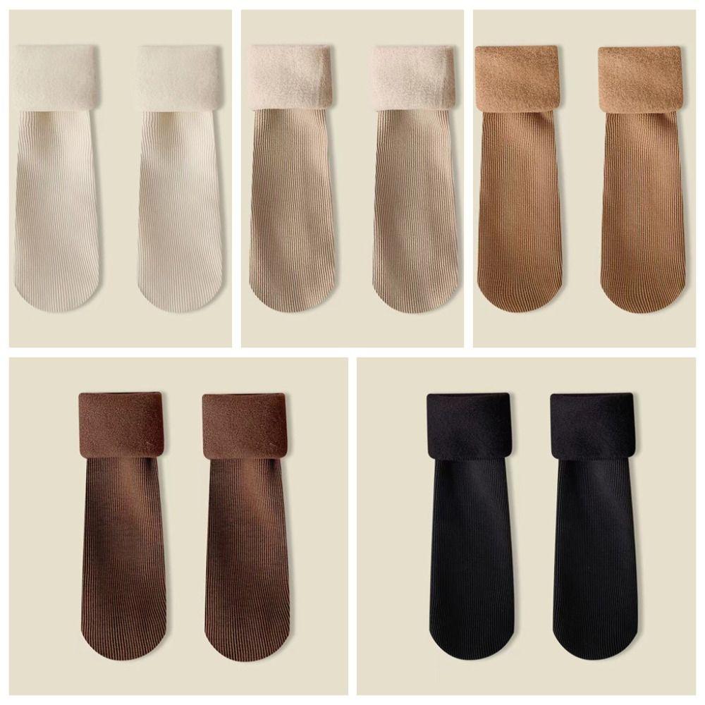 5Pairs Solid Color Thicken Warm Socks Stripe Winter Socks Women Thermal Mid Length Socks  Hosiery